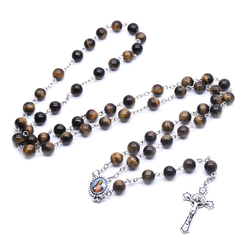 Rozenkrans Gebed Kraal Tiger Eye Steen Ketting Cross Christian Lucky Amulet Sieraden N1HA