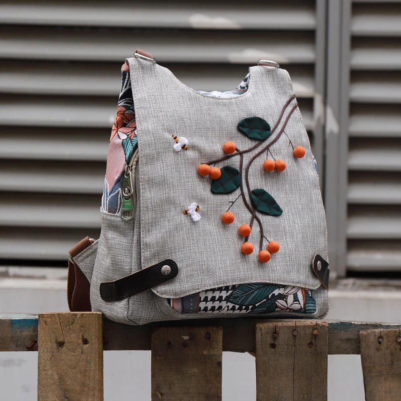 Zaino etnico Borsa a tracolla da donna in lino di cotone retrò Zaini multiuso femminili Borse da viaggio leggere per zainetto da ragazza