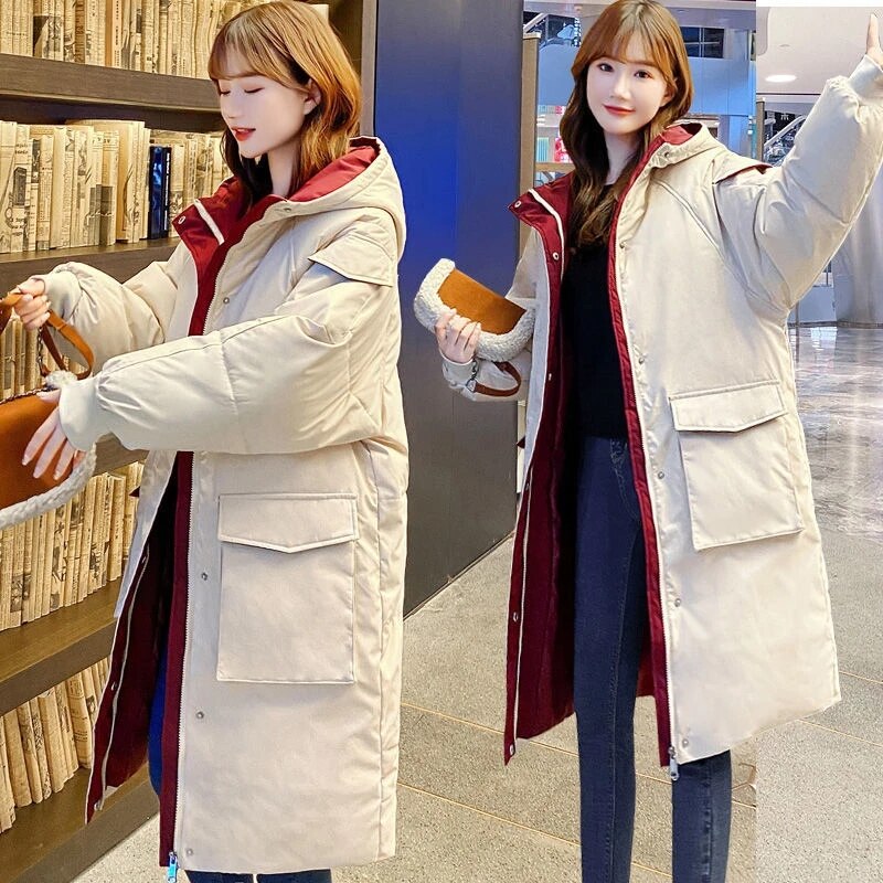 #39 vinterjakker x-lang vinterfrakk for kvinner hette korea-stil tykk solid stor lomme, løse parkas dame: Beige / L