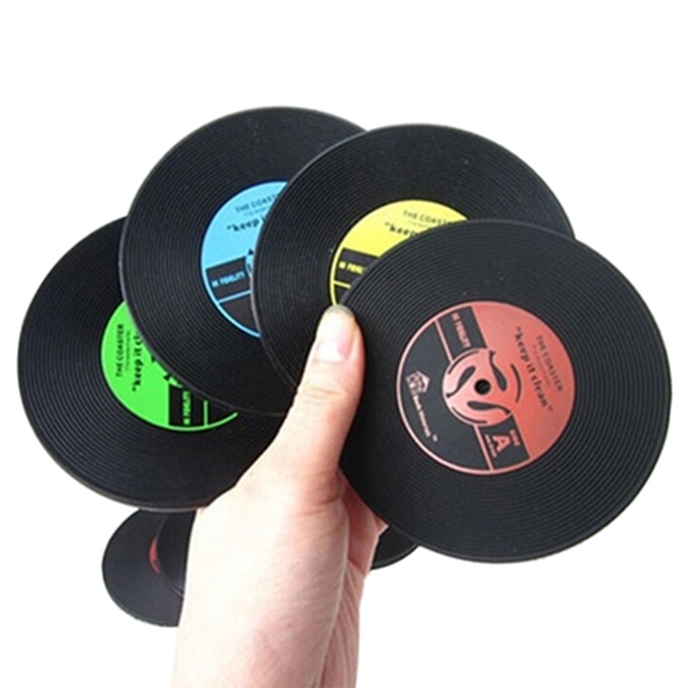 Bord cd måtte retro vinyl plade drinks bordskånere bord kop måtte drikke holder hjemmeindretning pvc trykt mønster anti fade