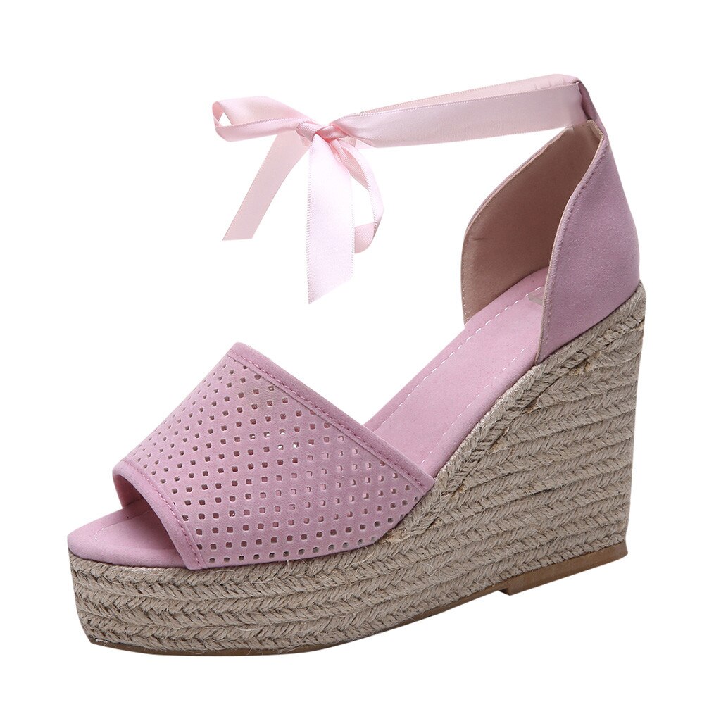 Summer Women's Roman Wedge Sandals Fish Mouth Platform Cross-Strap Straw Wedges Shoes Trend Women Sandals Shoes High: Pink / 43