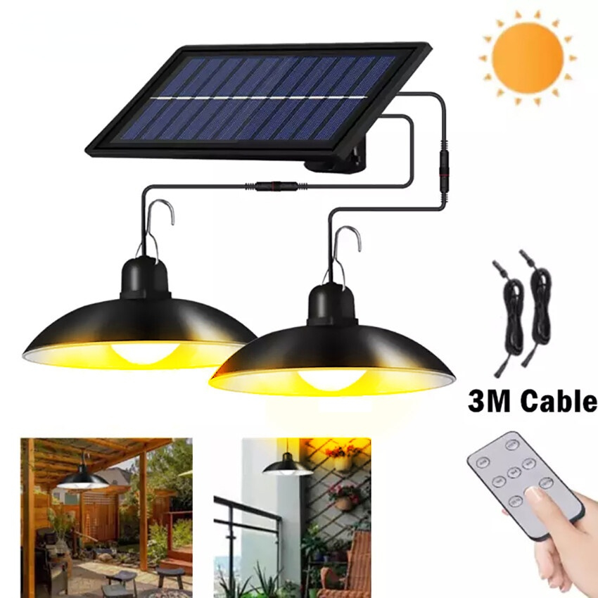 Solar Pendant Light Outdoor Indoor with Remote Control 3M Cable For Camping Garden Hanging Lights Waterproof Solar Shed Lights: two head warm white