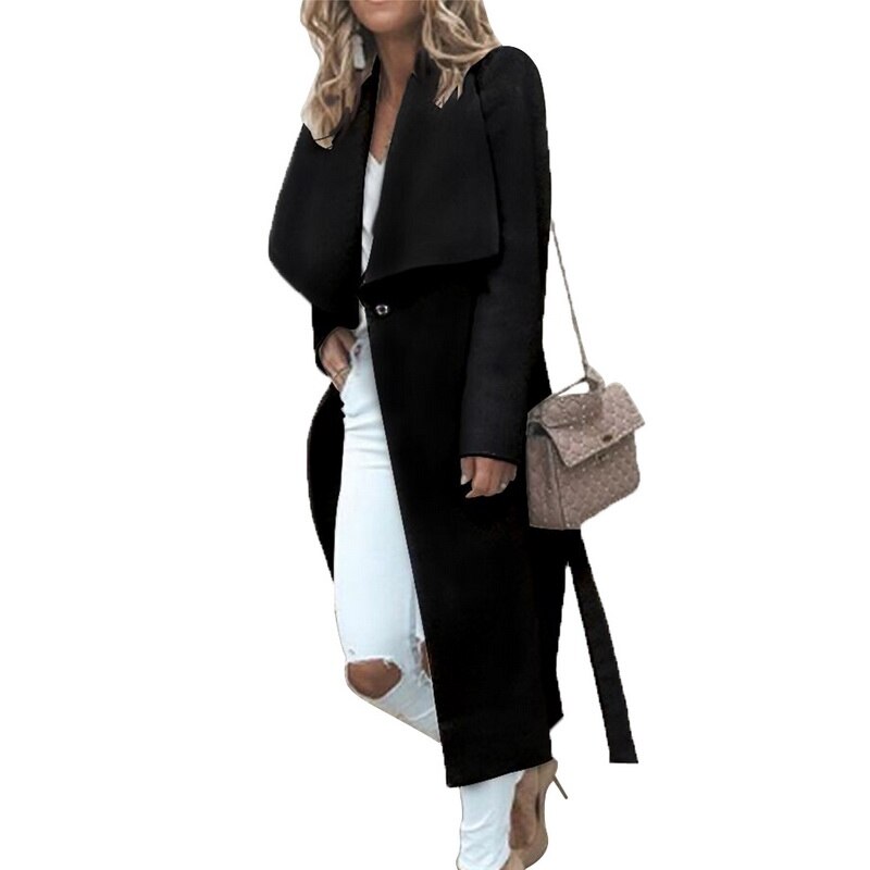 Abrigo de otoño para mujer, gabardina ajustada de Color liso, abrigo informal holgado de mezcla de lana, abrigo largo cálido de otoño e invierno de talla grande: Black / M