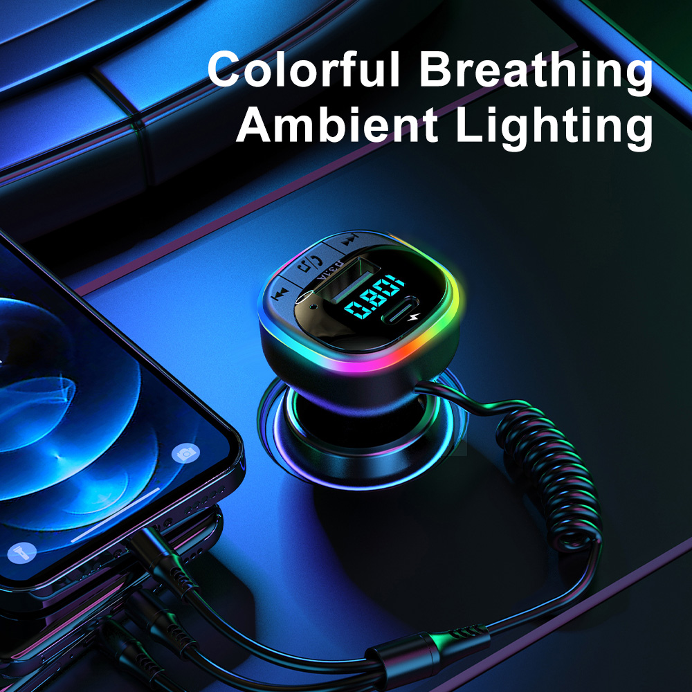 Lettore MP3 per auto con trasmettitore FM senza fili Caricatore per auto doppio USB kit per auto con risposta uno tocco con cavo di ricarica 3 in 1