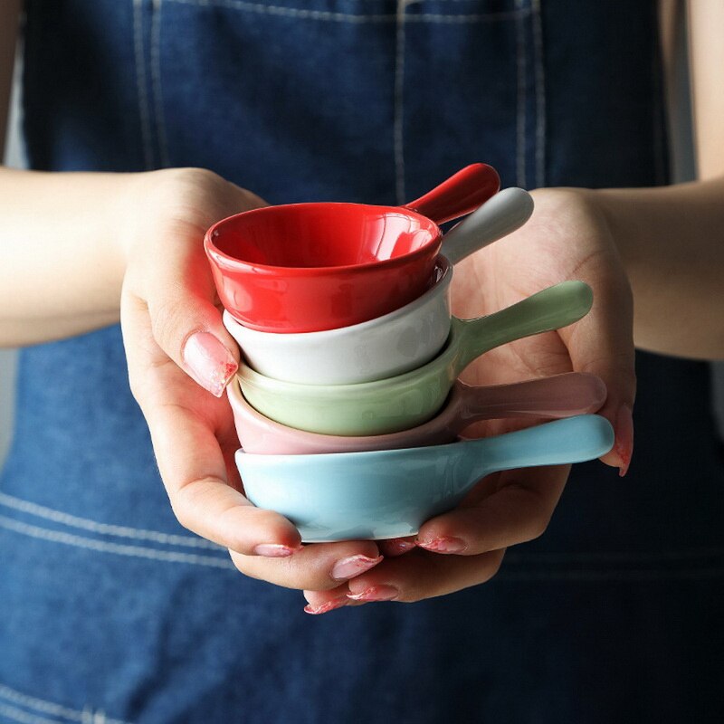 Nordic Ceramic Salad Bowl With Handle Breakfast Cereal Fruit Bowl Solid Color Dessert Soup Noodle Bowl Microwave Oven Special