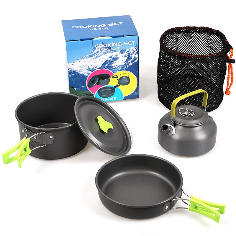 Juegos de utensilios de cocina para acampar, Kit de cocina antiadherente, antiadherentes ollas, vajilla plegable para senderismo, Picnic, mochilero: Verde