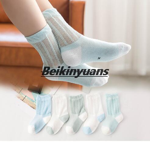 5 paia di calzini per bambini maglia tubo di ventilazione studenti calzino calzini per bambini di colore puro estate lunga sottile morbido neonato bambini sokken: blue / 7-12year