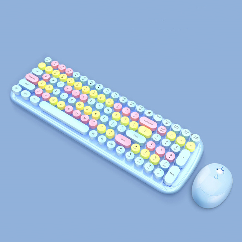 Kit de clavier et souris sans fil 2.4G pour filles, rétro, Vintage, 84 touches rondes colorées, Orange, rose, bleu, vert, pour ordinateur portable,: light blue-100 keys