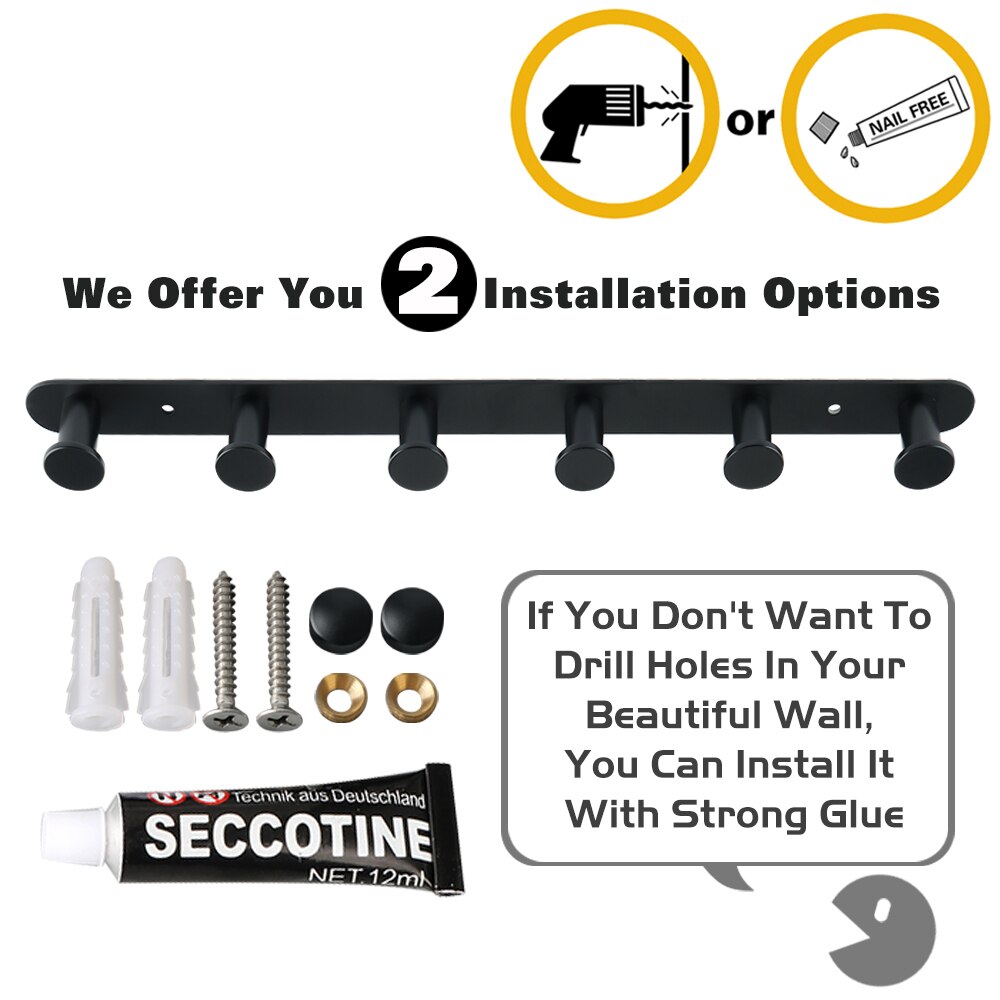 Gancho para colgar en la pared del baño, Perchero de acero inoxidable 304, accesorios de baño negros, 3-6 ganchos