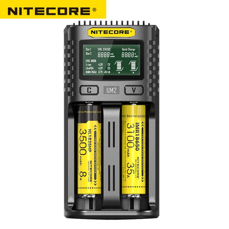 Nitecore UM2-cargador USB de doble ranura QC, circuito inteligente, seguro Global, cargador li-ion AA 16340 18650 20700 21700 26650