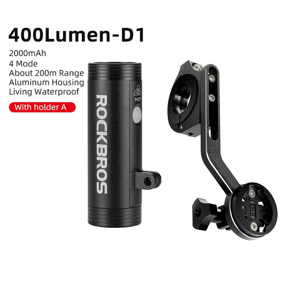 ROCKBROS-Foco de manillar delantero para bicicleta, linterna LED para ciclismo, accesorios para bicicleta de montaña: D1-400 and holder C