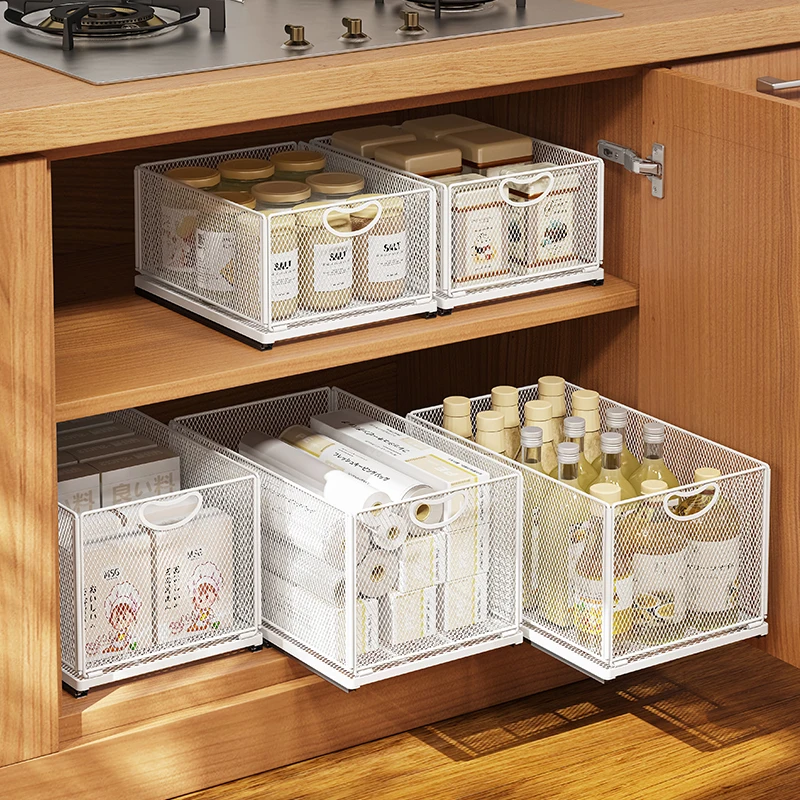 Cajón de almacenamiento de cocina debajo del fregadero, cesta extraíble con riel, ahorro de espacio, botella, tarro, organizador, suministros para el hogar