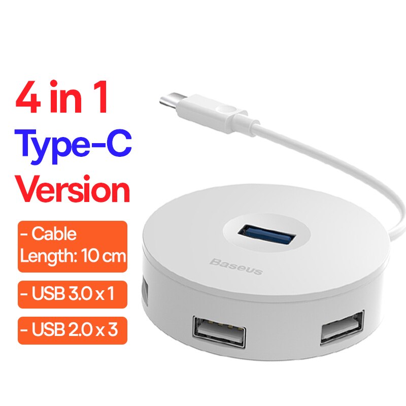 Baseus Usb Hub 4 In 1 Usb C Hub Usb Type C Naar Multi Usb 3.0 Adapter Voor Macbook Pro air Huawei Mate 30 USB-C 3.0 Splitter: Type C 10cm White