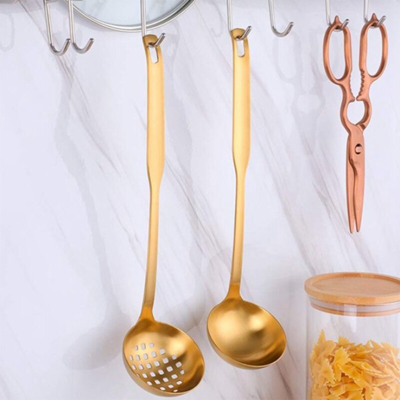 impostato di scolapasta per mestolo in oro, cucchiaio da cucina in acciaio inossidabile con manico lungo, per utensili da cucina (2 pezzi)