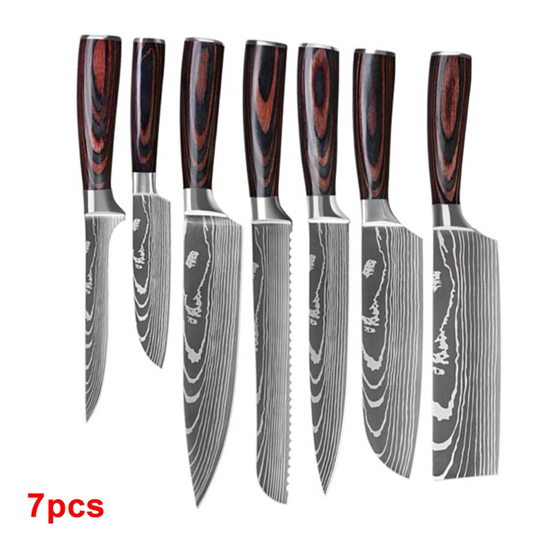 IWELAI Kitchen Knife Set Home Cook Knife Japanese 7CR17 440C Imitation Damascus Pattern Knife Nine-Piece Knife