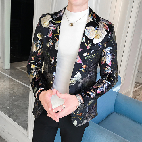 Menn blazer luksus blomster allover utskrift ball dress blazere single button party mann nattklubb slim fit bryllup dress jakke: Svart / Asia  l 54 to 60kg