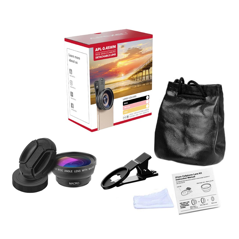 APEXEL APL-0.45WM Obiettivo Del Telefono kit 0.45X super largo angolo &amp; 12.5X super macro lente HD Lenti Della Fotocamera per il iPhone Samsung huawei
