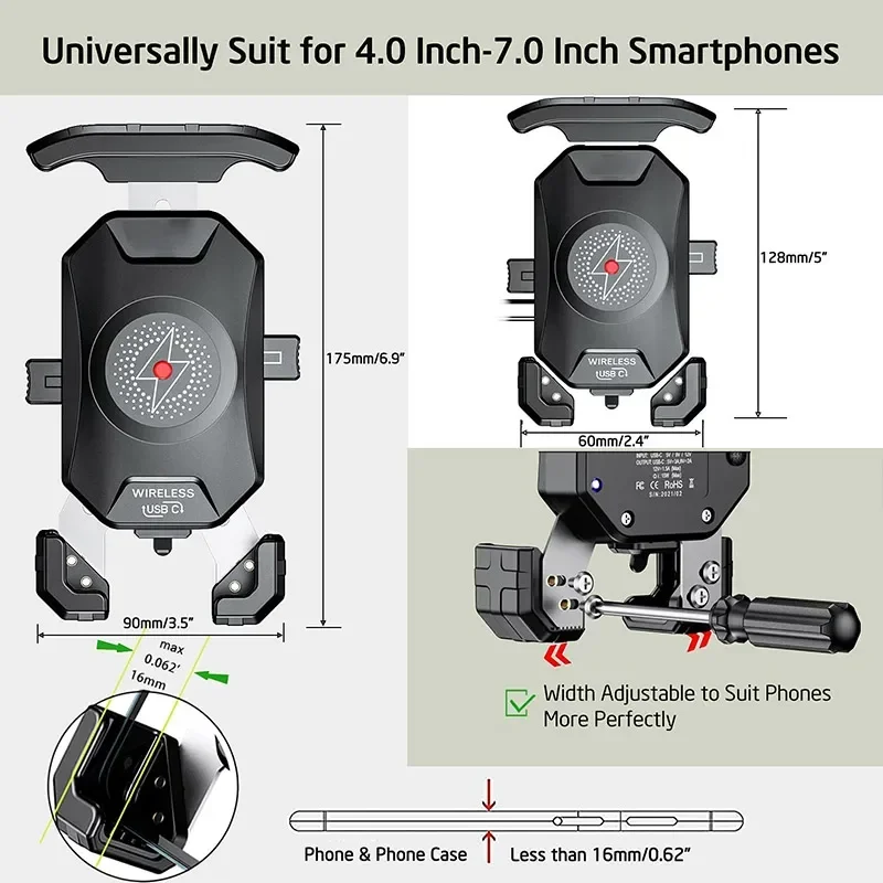 Motorcycle Wireless Phone Mount Fast Charger Stand 15W & USB C 3A Handlebar Anti Theft Motor Motorbike Holder For 4.0-7.0" phone