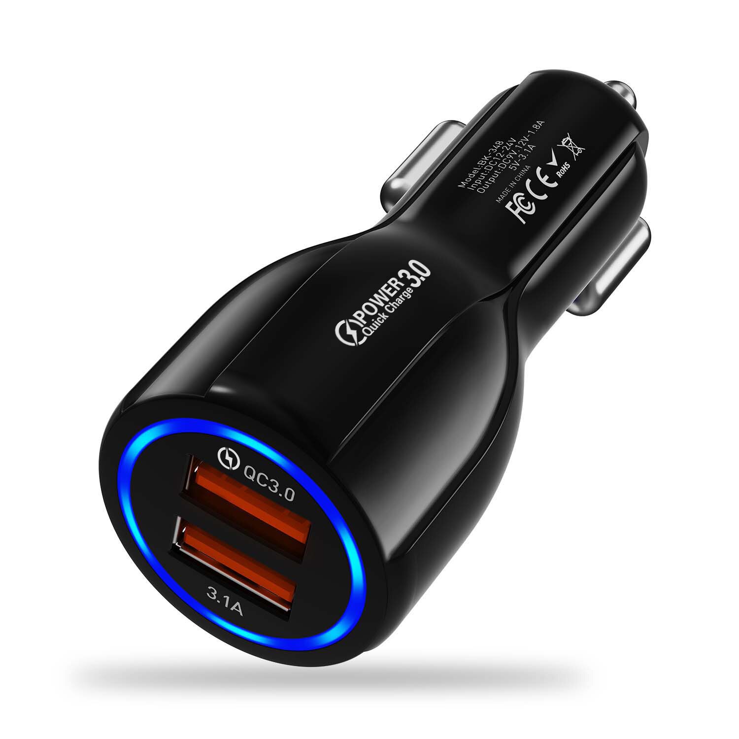 TKEY Dual USB Car Charger 18W 3.1A QC 3.0 Fast Charging Mobile Phone Charger Adapter For iphone 11 pro Samsung a71 Xiaomi redmi: black