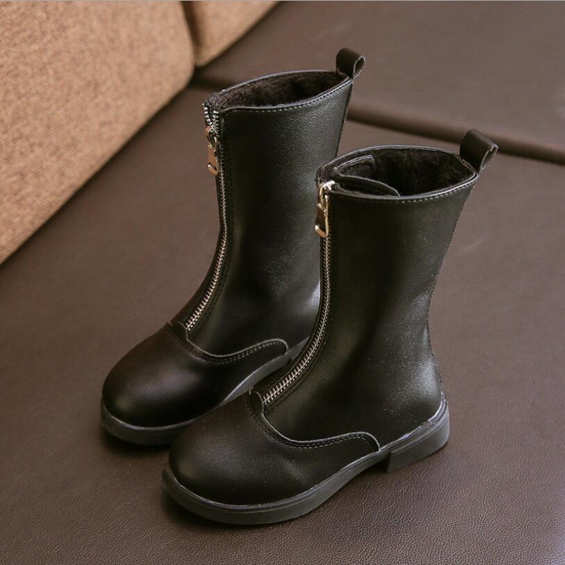 Jaar lente winter meisjes laarzen kinderschoenen leren laarzen meisje warme schoenen wilde meisjes sneeuwlaarzen zwart rood: Zwart / 11