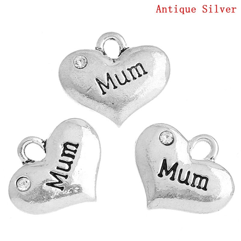 DoreenBeads Charm Pendants Heart antique silver color "Mum" Message Carved Clear Rhinestone 16x14mm,20PCs (B32655)