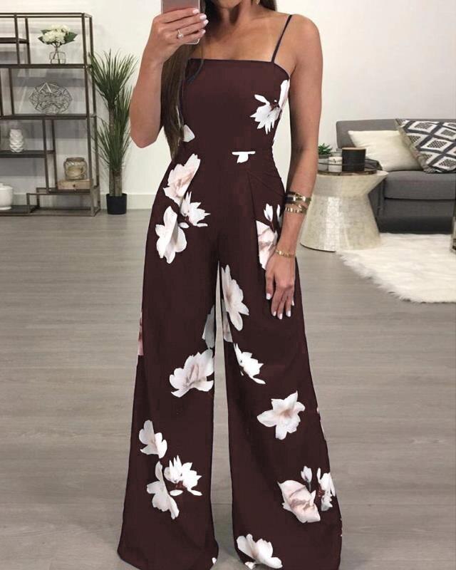 Dam sommar playsuit romper jumpsuit dam ärmlöst avslappnat blommönster: Kaffe / Xl