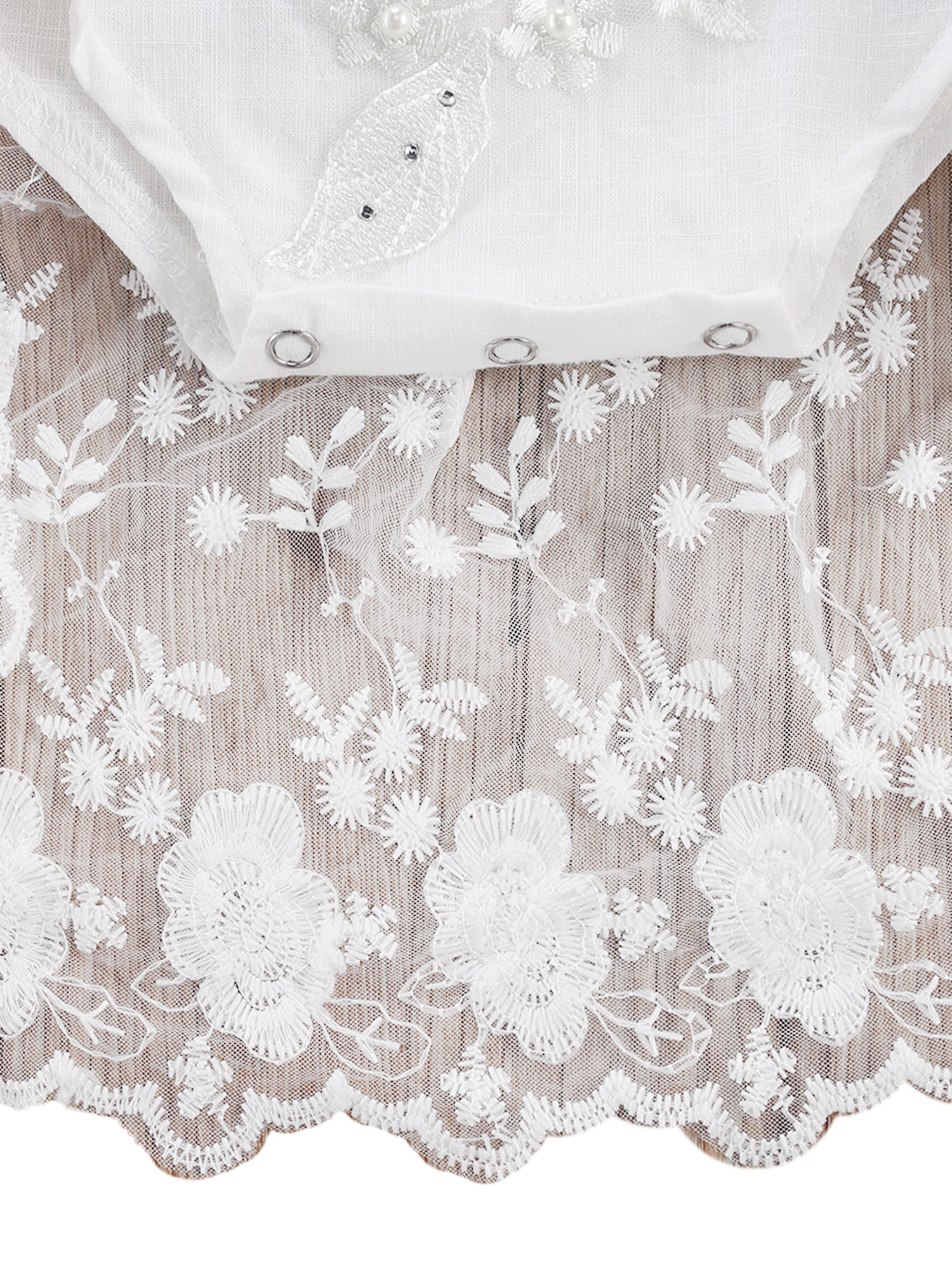 Baby Girl's Lace 3D Flower Embroidery Pearl Sweet Princess Romper, White Square Collar Falbala Flying Sleeve Jumpsuit