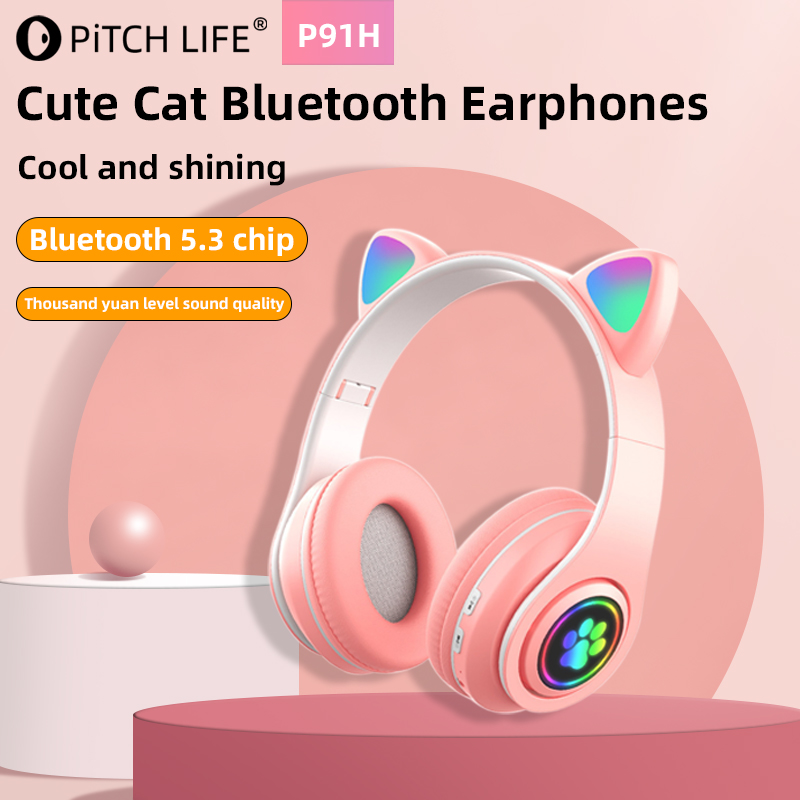 P91H, Śliczne kocie uszy BT Bezprzewodowe słuchawki Com Mic E Flash Light, Capacete De 1) Estéreo LED, Fone De Ouvido Dobrável, Pres