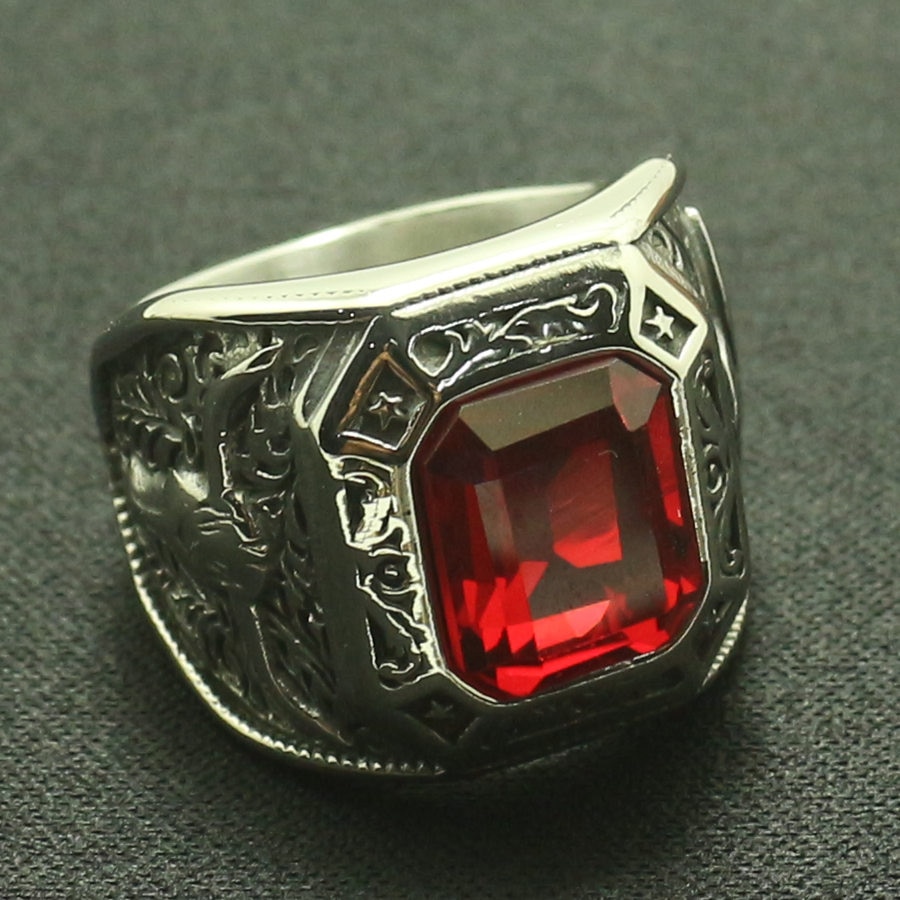 Men Boys 316L Stainless Steel Cool Big Red Stone Ring Great For Friend