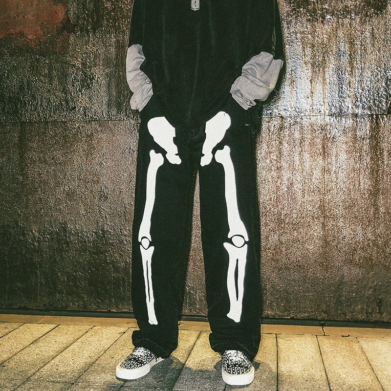 Männer Reflektierende Knochen aufbringen verlieren Beiläufige Breite Bein Jeans Männlichen Straße Hüfte hüpfen Punk gotisch Harem Denim Hosen Hosen
