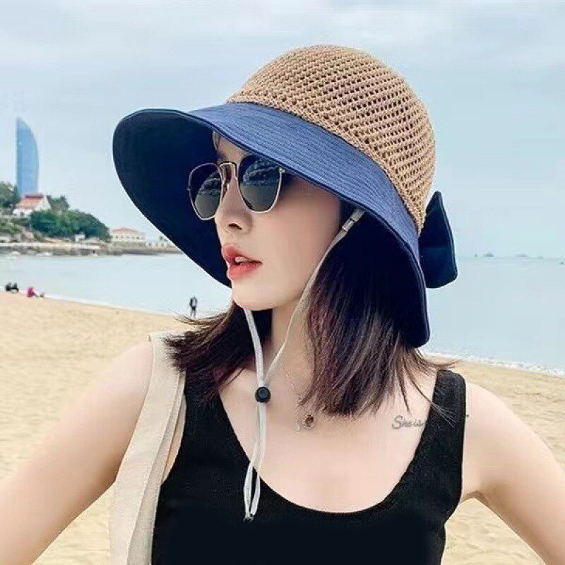 Strand Anti-Uv Visser Hoed Boog Opvouwbare Wide Brim Floppy Meisjes Strooien Hoed Vrouwen Zomer Hoed Uv Beschermen Reizen Cap Lady cap: navy blue
