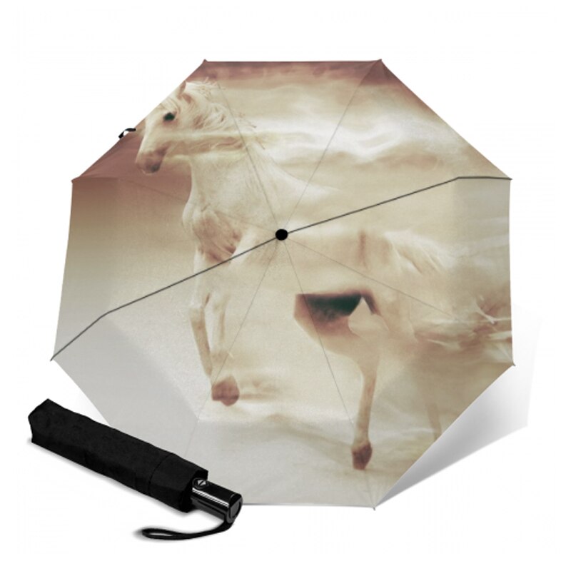 Anti uv drie opvouwbare witte paardenpatroon paraplu dieren schilderij pongee zonnige en regenachtige paraplu's mannen en vrouwen kunstparasol: Ysa 1479