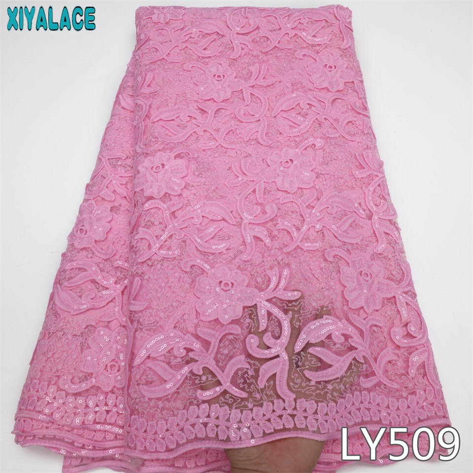 Baby Pink African French Mesh Lace Fabrics with Sequins Embroidery Milk Silk Lace Nigerian Tissue Cord Lace for Party Sew LY509: LY509-7