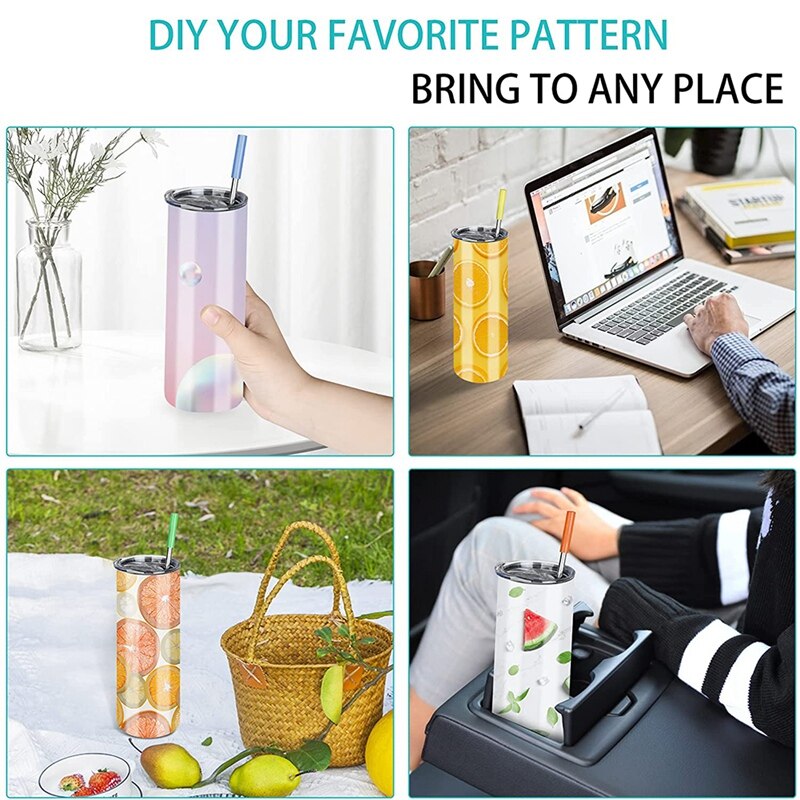 Kubki sublimacyjne, 20 uncji prosty pusty chudy kubek ze stali nierdzewnej z pokrywką i słomka metalowa-biały, 4 sztuki