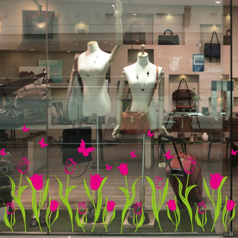 rose røde tulipaner blomster vindusklistremerker pvc-materiale sommerfugler gjør-det-selv-veggdekor til stue butikk glass vindu dekorasjon