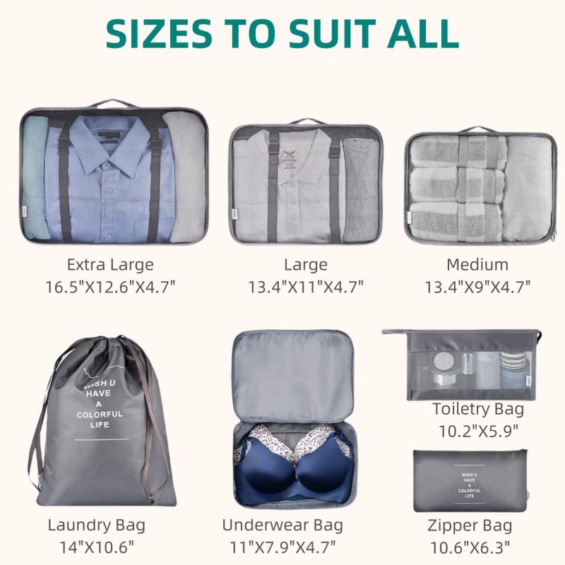 7Pcs Travel Organizer Storage Bags Wardrobe Cube Suitcase Packing Cubes Set Storages Luggage Clothes Shoe Pouch Folding