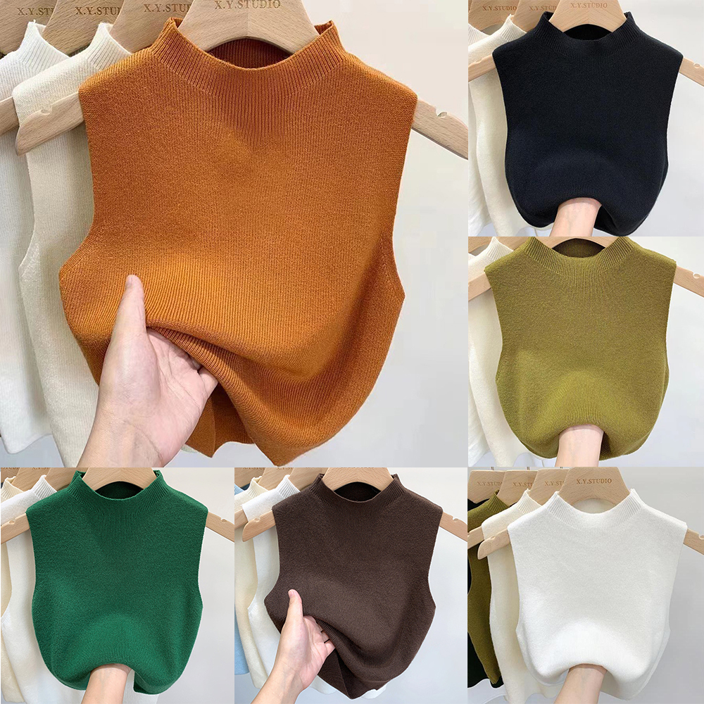 Camiseta sin mangas para mujer, camisetas tejidas de Color sólido, Top corto, camisola, suéter medio cuello alto, sin mangas para primavera y otoño