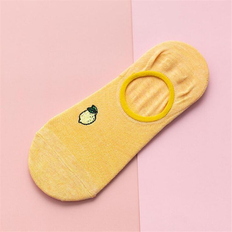Søde forår sommer #39 kawaii personlighed vild frugt broderi kvindelig usynlig hæl silikone skridsikre sokker