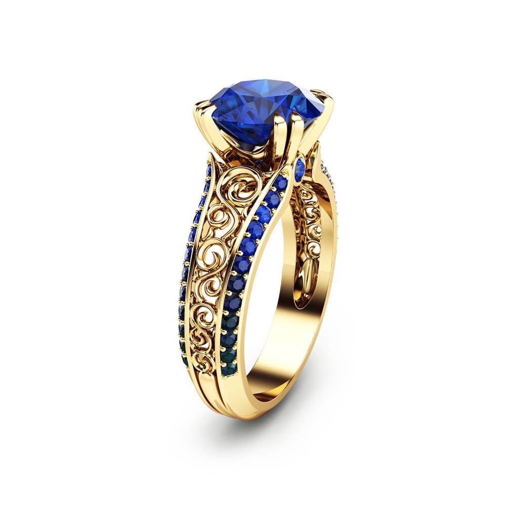 Anel de safira azul com flor de 14k, dourado, diamante, bizutérias, peridot, pedra preciosa, rubi 1carat e anéis com manchas para mulheres: 8 / Yellow gold