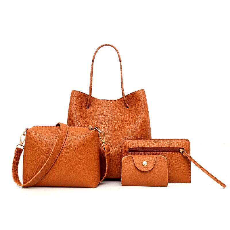 4PCs/set Women's Bag Solid Shoulder Bag Top-Handle Big Capacity Female Handbag Shoulder Bag Ladies PU Crossbody: Camel