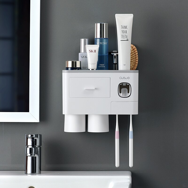 Toothbrush Holder Automatic Toothpaste Dispenser With Cup Wall Mount Toiletries Storage Rack Bathroom Accessories Set: 2 cups Gray