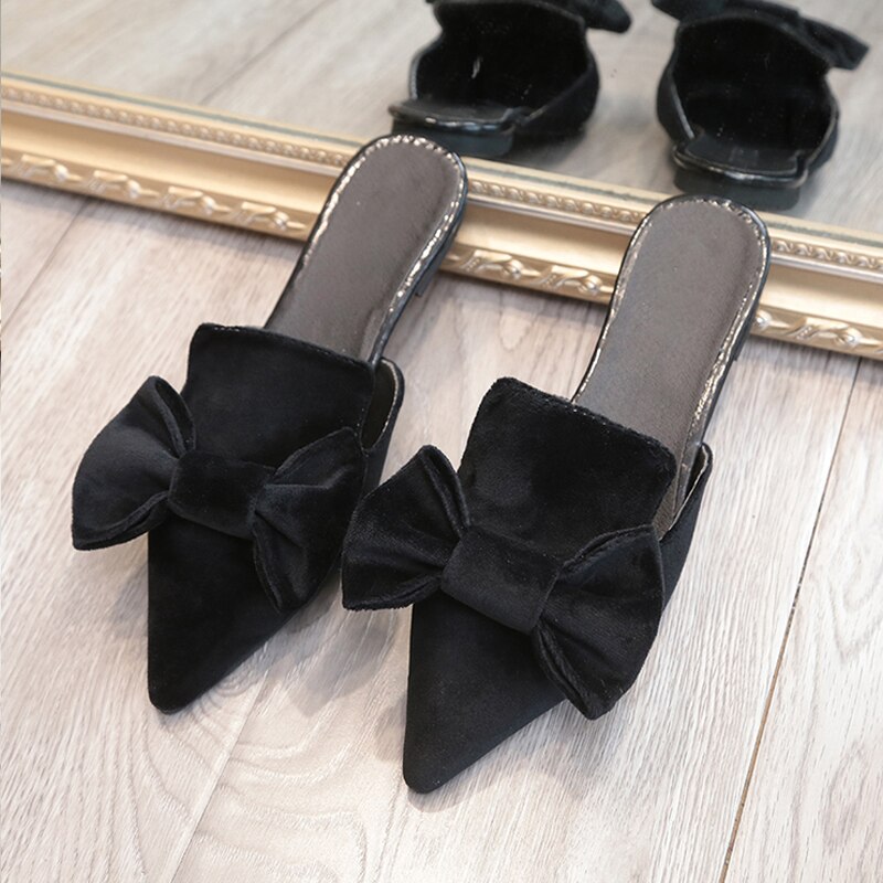 Damesmuiltjes met strik, platte schoenen met lage hak, slippers voor dames, herfstslippers voor dames met puntige neus, schattige meisjesslippers: Zwart / 5