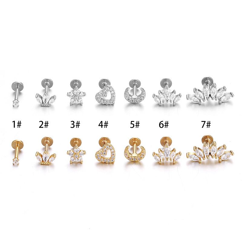 1 Pcs 16G Mode Crystal Oor Piercing Stud Ster Hart Bloem Kraakbeen Helix Schelp Schroef Terug Oorbellen Voor vrouw Sieraden