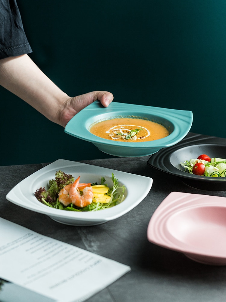 Plato de cerámica para sopa, Plato cuadrado nórdico de porcelana Occidental Profunda para comida, aperitivos, fruta, ensalada, vajilla,
