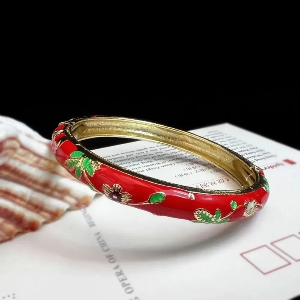 Emalje kinesisk cloisonné armbånd dobbelt armbånd kinesisk pæon filigran blomst armbånd traditionel vintage håndarmbånd: Rød