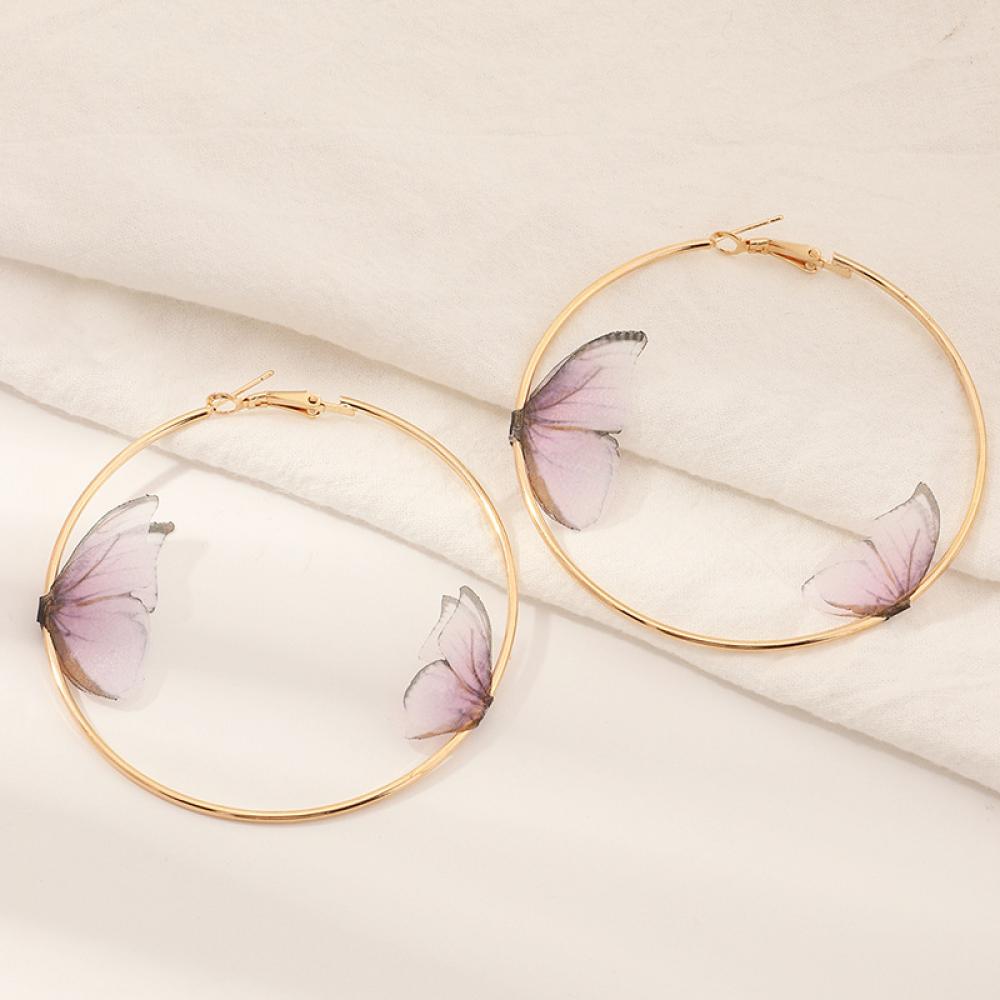 Mooie Dubbele Vlinder Oorbellen Europese Zomer Meisjes Multicolor Grote Ronde Cirkel Gold Hoop Oorbellen Sieraden Voor Vrouwen