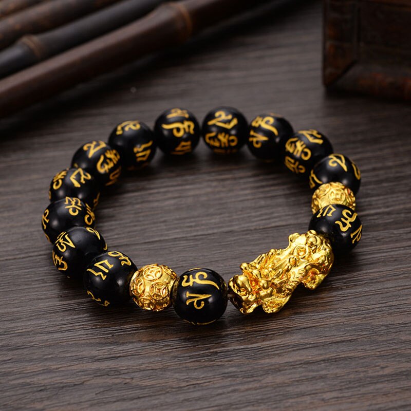 Obsidian Stone Beaded Bracelet with Golden Pixiu Charms Pendant for Men Buddhist Jewelry TT@88: Scripture