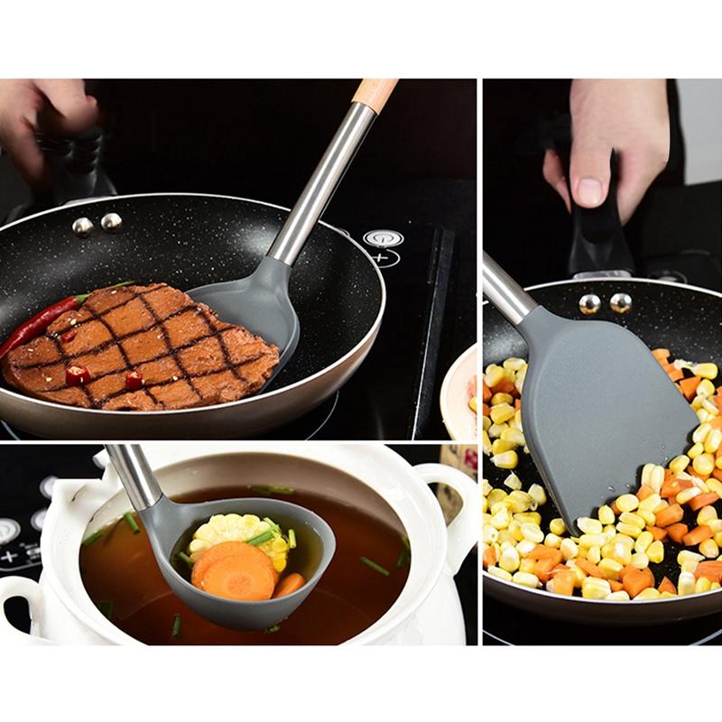 Stainless Steel Kitchen Utensil Non Stick Wooden Long Handle Soup Ladle Frying Spatula Slotted Spoon Useful Kitchen Cooking Tool