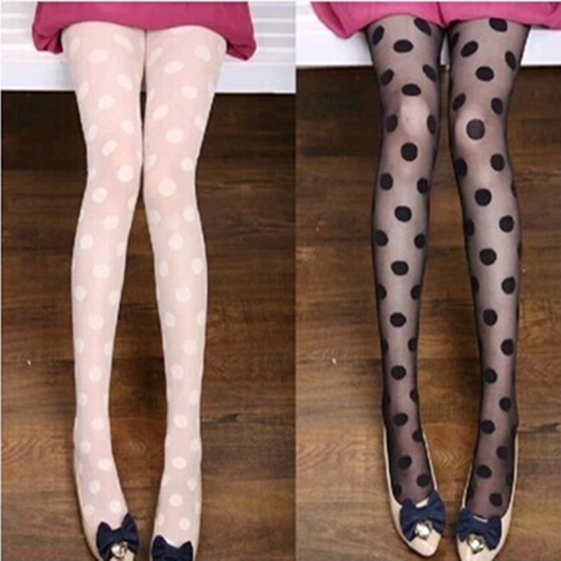 Medias con estampado de lunares para mujer, medias sexys de malla de rejilla sin costuras de nailon, negro y blanco, medias de seda para discoteca