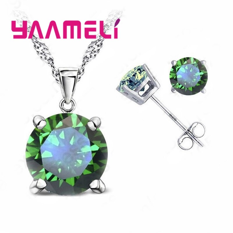 Classic Wedding Jewelry Cubic Zirconia Good 925 Sterling Silver Jewelry Sets Stud Earring Pendant Necklace Set: green